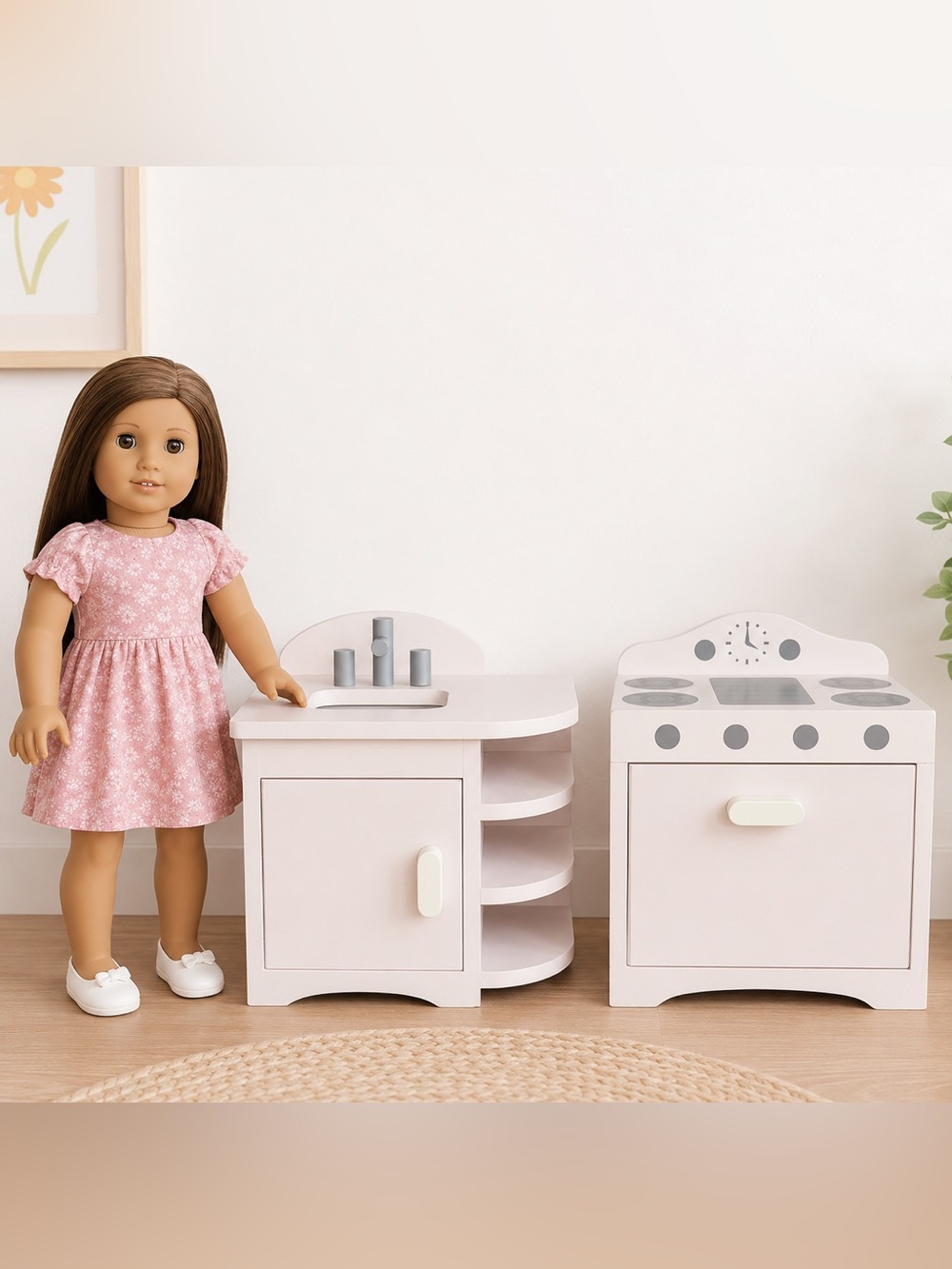 American Girl Pottery Barn Wooden Doll Kitchen Set Stove Sink Pink